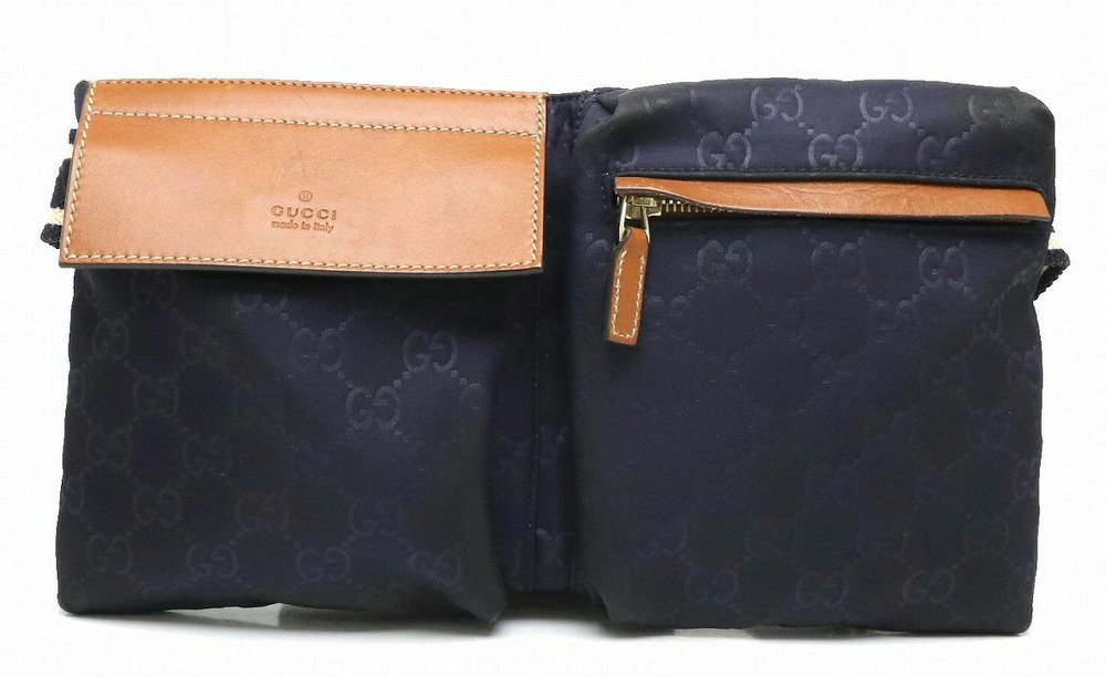Gucci GG Body Bag Waist Pouch Clutch Leather Navy Blue Camel Brown